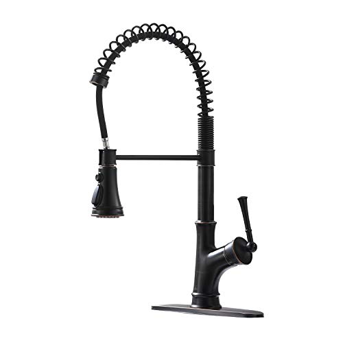 Book Cover APPASO Commercial Oil Rubbed Bronze Single Handle Pull Down Kitchen Faucet with 3-Mode Sprayer, Antique Spring High Arc Kitchen Sink Faucet with Deck Plate