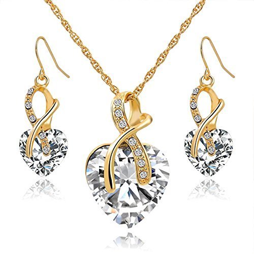 Book Cover weel Gift! Gold Plated Jewelry Sets For Women Crystal Heart Necklace Earrings Jewellery Set Bridal Wedding Accessories (White)