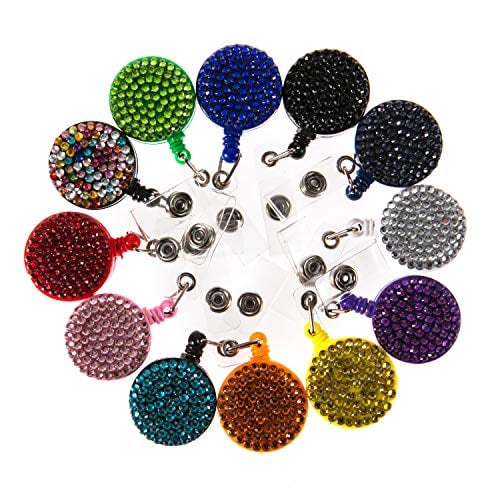 Book Cover (12PCS Pack) 12 Hot Colors Mix Handmade Sparkle Bling Crystal Badge Reel Clip Cute Retractable Rhinestone ID/Name Badge Holder