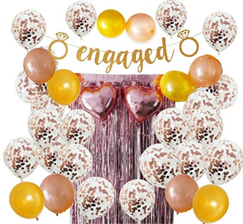 Book Cover Engagement party decorations set, Includes confetti balloons, Engaged banner, Rose gold and gold balloons, Tinsel curtain and heart balloons Also Ideal for bachelorette party supplies or bridal shower