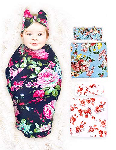 Book Cover LifelyBear 3 Pack Baby Swaddle Blanket Set Newborn Baby Wrap Organic Swaddle Receiving Blankets with Headband for Baby Boys Girls Unisex