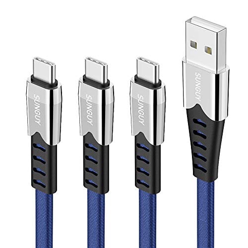 Book Cover Flat USB C Cable SUNGUY 1.5ft(3-Pack), SUNGUY Tangle Free Short Type USB-C Cable Charging Data Sync Fabric Braided Cord for Samsung Galaxy S10 S8 S9 Plus A20, Google Pixel 2XL