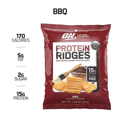 Book Cover New! Optimum Nutrition High Protein Ridges, Baked Chips, Savory Snack To Go, Gluten Free, Soy Free, Flavor: BBQ, 10 Count