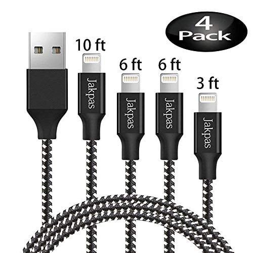 Book Cover Jakpas Phone Cable, 4Pack 3FT 6FT 6FT 10FT Phone Charger to USB Syncing Charging Cable Data Nylon Braided Cord Compatible for Phone Xs/XS Max/XR/X/8/8 Plus/7/7Plus/6/6Plus/6s/6sPlus More (Black&White)