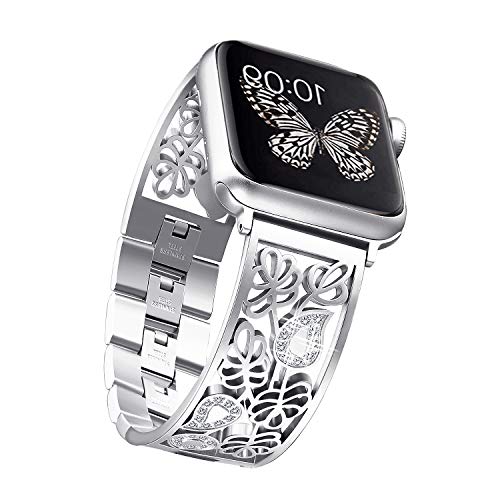 Book Cover Secbolt Carved Flower Bling Bands Compatible with Apple Watch Band 42mm 44mm iwatch SE Series 6/5/4/3/2/1, Stainless Steel Dressy Jewelry Diamond Bracelet Bangle Wristband Women, Silver