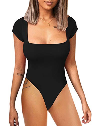 Book Cover YMDUCH Women's Square Neck Short Sleeve Solid Leotards Basic Top Bodysuit