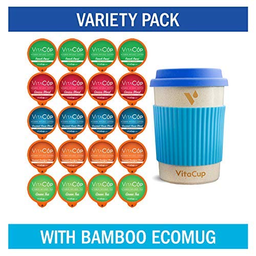 Book Cover VitaCup Variety Pack w/ Bamboo ecoMug + 20 Vitamin Infused Coffee & Tea Pods Compatible with Keurig K-Cup Style Brewers