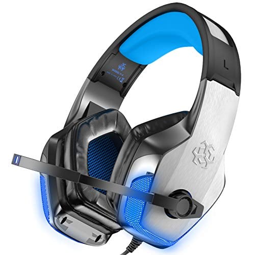 Book Cover BENGOO V-4 [Updated] Gaming Headset for Xbox One, PS4, PC, Controller, Noise Cancelling Over Ear Headphones with Mic, LED Light Bass Surround Soft Memory Earmuffs for Mac Nintendo Switch (Blue)