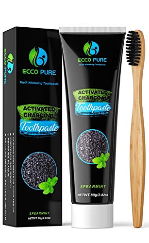 Book Cover ECCO PURE Activated Charcoal Teeth Whitening Toothpaste + BONUS Bamboo Toothbrush | Eliminates Bad Breath | Easier Than Charcoal Powder, Strips, Kits, Gel