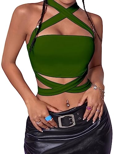 Book Cover KAKALOT Women's Sexy Criss Cross Bandage Crop Tops Cut Out Active Bustier Cami…