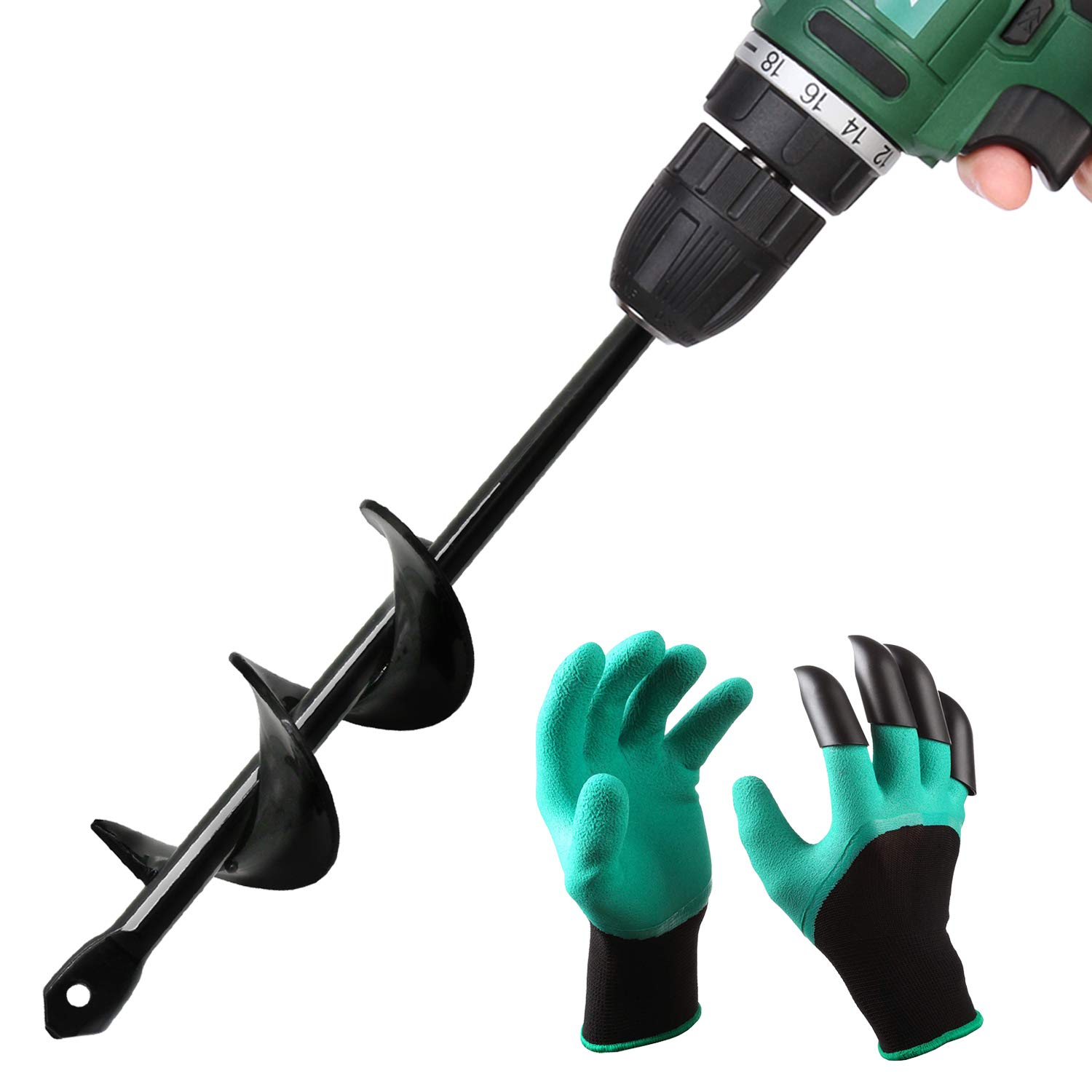 Book Cover Blika Garden Plant Flower Bulb Auger 1.60” x 9” Rapid Planter with Gloves, Bulb & Bedding Plant Auger for 3/8” Hex Drive Drill