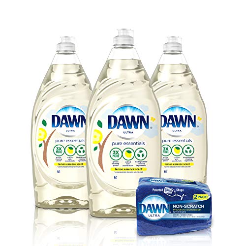 Book Cover Dawn Pure Essentials Dishwashing Liquid Dish Soap (3x24oz) + Non-Scratch Sponge (2ct), Lemon Essence, 1 Set