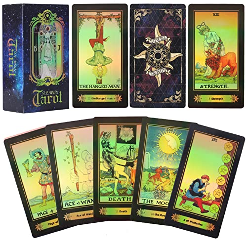 Book Cover Smoostart 78 Tarot Cards with Guidebook, Holographic Tarot Cards Deck Future Telling Game with Colorful Box