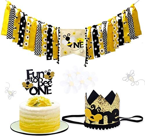 Book Cover Vansolinne Bumble Bee First Birthday Party Decoration Kits, One Highchair Banner, Fun to Bee One Cake Topper and Crown Birthday Hat, Set of 3
