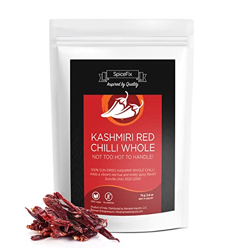 Book Cover SpiceFix - Whole Kashmiri Red Chilli Pepper, Mild to Medium Heat Natural Stemless Chillies, Sun-Dried Red Pepper, Indian Dried Chili Peppers in a Resealable Bag, 2.6 Ounces