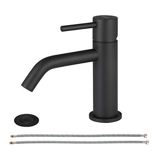 Book Cover EZANDA Brass Single Handle Bathroom Faucet with Pop-up Sink Drain Assembly & Faucet Supply Lines, Matte Black, 1431104