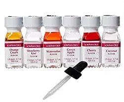 Book Cover Lorann Oils Super Strength (Strawberry Kiwi, Orange cream, Watermelon, Green apple, Coconut and Cherry) Variety Pack of 6 with free 1 Ounce Dropper