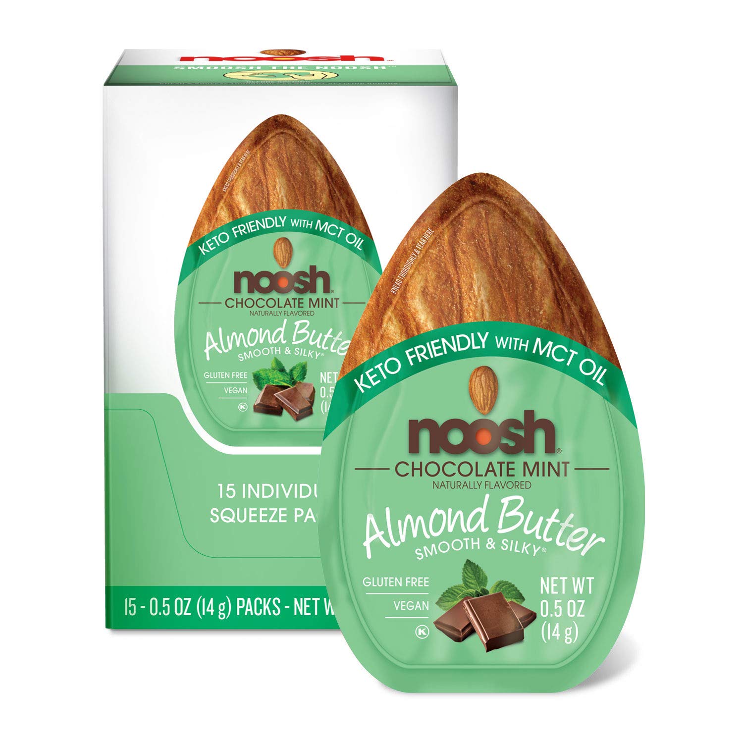 Book Cover NOOSH Keto Friendly Chocolate Mint Almond Butter Packets 15ct (0.5oz) - Naturally Sourced Ingredients, Vegan, Gluten Free, Kosher, Non GMO, No Soy, No Dairy, No Peanuts, Keto Friendly, low carb