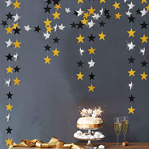 Book Cover Glitter Gold Black Star Garland kit for Party Decoration Silver Hanging Twinkle Star String/Banner/Streamers/Backdrop/Background for Classroom/Birthday/Wedding/Graduation/New Year/Dance Recital