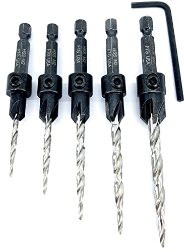 Book Cover FTG USA Countersink Drill Bit Set 5 Pc Countersink Drill Bit #4, 6, 8, 10, 12, Tapered Drill Bits Secured with Pin to 1/4