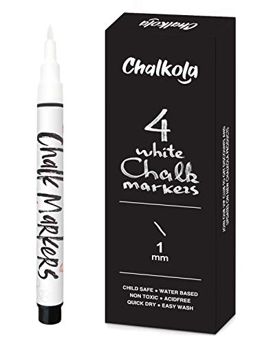 Book Cover Extra Fine Tip White Chalk Markers | 1mm Nib | Pack of 4 Chalk Pens - Use on Chalkboard, Windows, Blackboard, Signs, Glass, Bistro - Water Based, Non-Toxic, Wet Wipe Erasable
