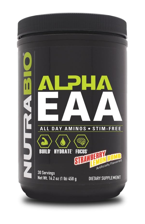 Book Cover NutraBio Alpha EAA - All-Day Aminos - Recovery, Energy, Focus, and Hydration Supplement - Full Spectrum EAA BCAA Matrix, Electrolytes, Nootropics, Coconut Water - 30 Servings - Strawberry Lemon Bomb