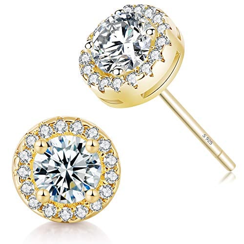 Book Cover 18K Gold Plated Halo Stud Earrings CZ Simulated Diamond Round Earing for Women, Rose Earrings for Man, Sparkle Allure Earrings with Size 0.39inch / 0.27inch, in Rose Gold,White Gold and Yellow Gold