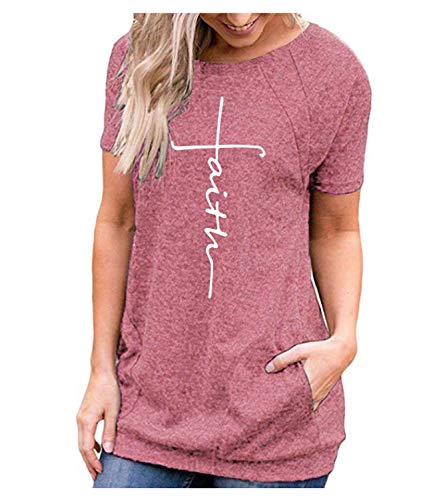 Book Cover Mansy Women's Summer Short Sleeve Tops Causal Loose Letter Print T Shirt Tunics with Pocket Round Neck