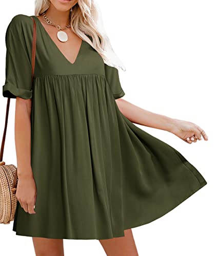 Book Cover Hestenve Women's Short Sleeve V Neck Pleated Babydoll Solid Color Tunic Party Swing Mini Dress