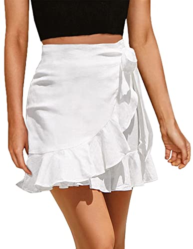 Book Cover ChainJoy Womens High Waist Ruffle Hem Tie Wrap Skirt Summer Casual A Line Overlap Skirt