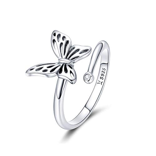 Book Cover 925 Sterling Silver Dainty Butterfly Expandable Open Cuff Rings Adjustable Animal Promise Band Ring for Women Teen Girls