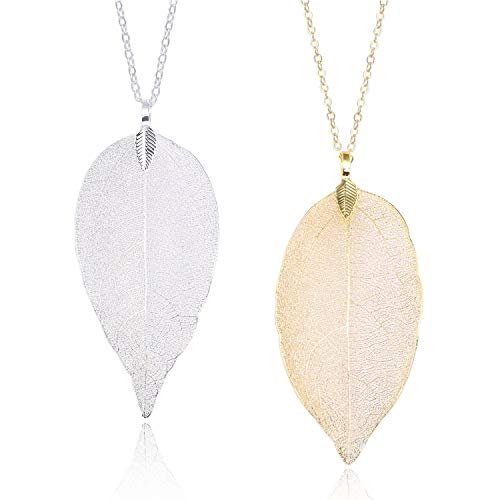 Book Cover Set of 2 Gold and Silver Long Leaf Necklaces for Women Grils Real Natural Leaf Jewelery Set Statement Jewelry