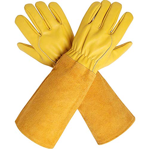 Book Cover CCBETTER Rose Pruning Gloves with Extra Long Cowhide Sleeves for Men and Women,Breathable Goatskin Leather Thorn Proof Gardening Gauntlet Gloves, Best Garden Gifts & Tools for Gardener and Farmer