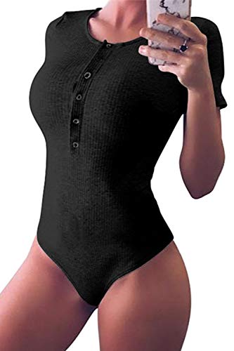 Book Cover ioiom Womens Short Sleeve Basic Button Down Knitted Ribbed Stretchy Bodysuits Leotard