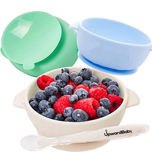 Book Cover 4 Piece Silicone Baby Bowls Set with Guaranteed Suction and Spoon | UpwardBaby | for Babies Kids Toddlers | BPA Free | See Video Demonstration