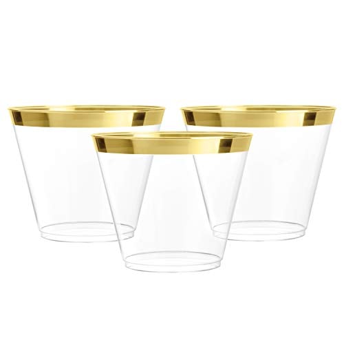 Book Cover Prestee Hard Disposable Cups | Plastic Wine Cups | Plastic Cocktail Glasses | Plastic Drinking Cups | Bulk Party Cups | Wedding Tumblers | Clear Cups (100 ct - Gold (9oz))