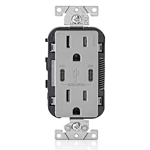 Book Cover Leviton T5635-G 30W (6A) USB Dual Type-C/C Power Delivery In-Wall Charger with 15A Tamper-Resistant Outlet, USB Charger for Smartphones, Tablets, Laptops, Gray