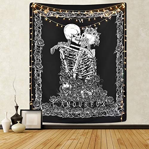 Book Cover Krelymics Skull Tapestry The Kissing Lovers Tapestry Black Tarot Tapestry Human Skeleton Tapestry for Room(59.1 x 82.7 inches)