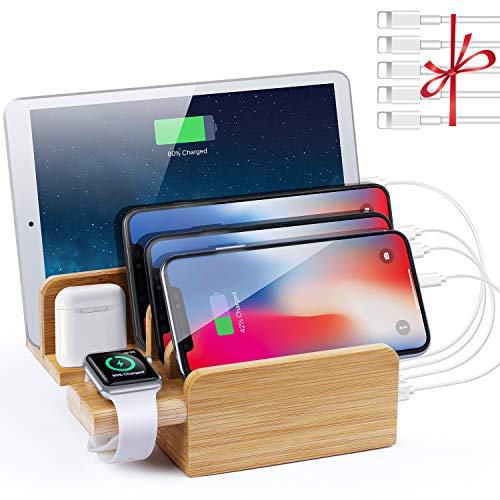 Book Cover NEXGADGET 6 in 1 Bamboo Charging Station for Multiple Devices,6 Port 40W USB Desktop Charger,Fast USB Charging Station Organizer for Cellphone,Smart Watch,Tablets and Other USB Devices(5 Pack Cables)