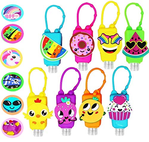 Book Cover KINIA 8 Pack Empty Mixed Kids Hand Sanitizer Travel Size Holder Keychain Carrier, 8-1 fl Oz. Flip Cap Reusable Empty Portable Bottles (8-Variety Pack MIXED)
