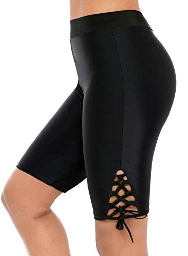 Book Cover Neeseelily Women Long Board Shorts High Waist Swimsuit Leggings Lace Up Capris Swim Pants Sun Protective (X-Large, Black)