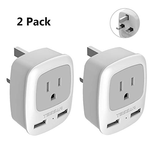 Book Cover UK Hong Kong Ireland Travel Plug Adapter 2 Pack, TESSAN Type G Power Outlet Adaptor with 2 USB for USA to London Scotland Dubai British England