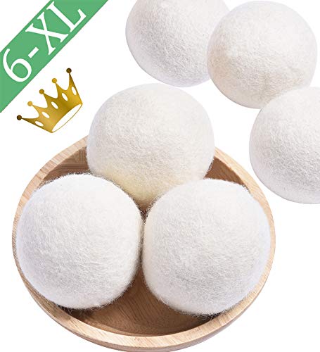 Book Cover Wool Dryer Balls Organic, 6 Pack XL Natural Fabric Softener 100% New Zealand Wool, Chemical Free Eco Wool Dryer Balls Laundry, Handmade Reusable Balls Reduce Wrinkles & Shorten Drying Time