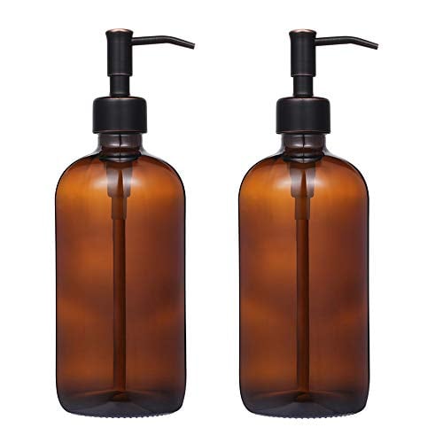 Book Cover 2 Pack Thick Amber Glass Pint Jar Soap Dispenser with Oil Rubbed Bronze Stainless Steel Pump, 16ounce Boston Round Bottles Dispenser with Rustproof Pump for Essential Oil, Lotion Soap