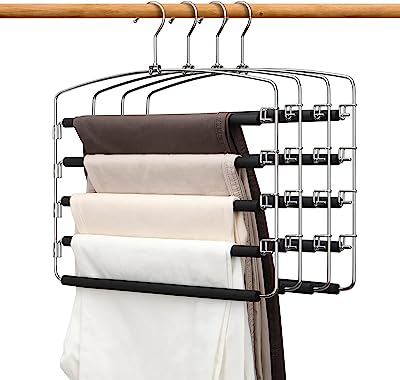 Book Cover Clothes Pants Slack Hangers 5 Layers Non Slip Closet Storage Organizer Space Saving Hanger with Foam Padded Swing Arm for Pants Jeans Scarf Trousers Skirts (Updated Version-4pcs Black)