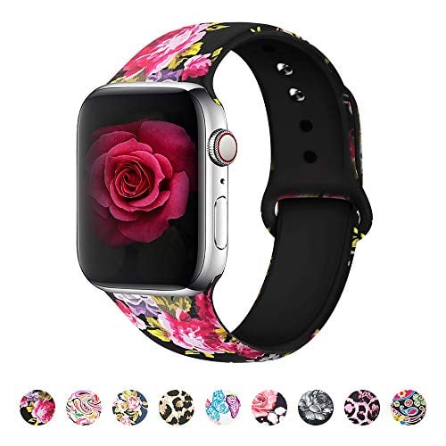 Book Cover MITERV Compatible with Apple Watch Band 38mm 40mm 42mm 44mm Soft Silicone Fadeless Pattern Printed Replacement Bands for iWatch Series 1,2,3,4,5 (Rose, 38mm/40mm S/M)