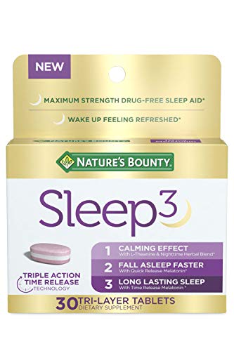 Book Cover Nature's Bounty Melatonin, Sleep3 Maximum Strength 100% Drug Free Sleep Aid, Dietary Supplement, L-Theanine & Nighttime Herbal Blend Time Release Technology, 10mg, 30 Tri-Layered Tablets