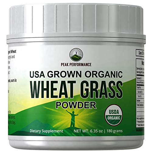Book Cover Organic Wheatgrass Powder by Peak Performance. Organic Wheat Grass Powder Vegan Superfood Supplement Rich in Fiber, Antioxidants and Chlorophyll. USA Grown, Non Irradiated, Non GMO, Gluten Free