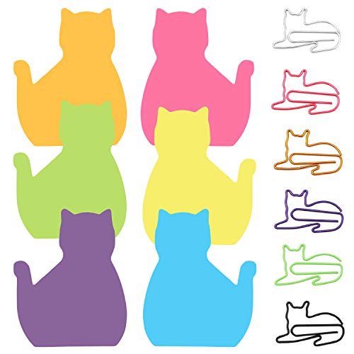 Book Cover 6 Color Cat Paper Clips and Silhouette Cat Sticky Notes Set, Cat Lover Gifts for Women, Cute Cat Office Supplies, Office Desk Accessories for Work School Office