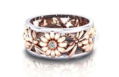 Book Cover Aimys Silver Rings Women's Elegant Sunflower Dragonfly Hollow Finger Ring Band Jewelry Cubic Zirconia Ring with Side Stone Copper Leaf Eternity Band (10)